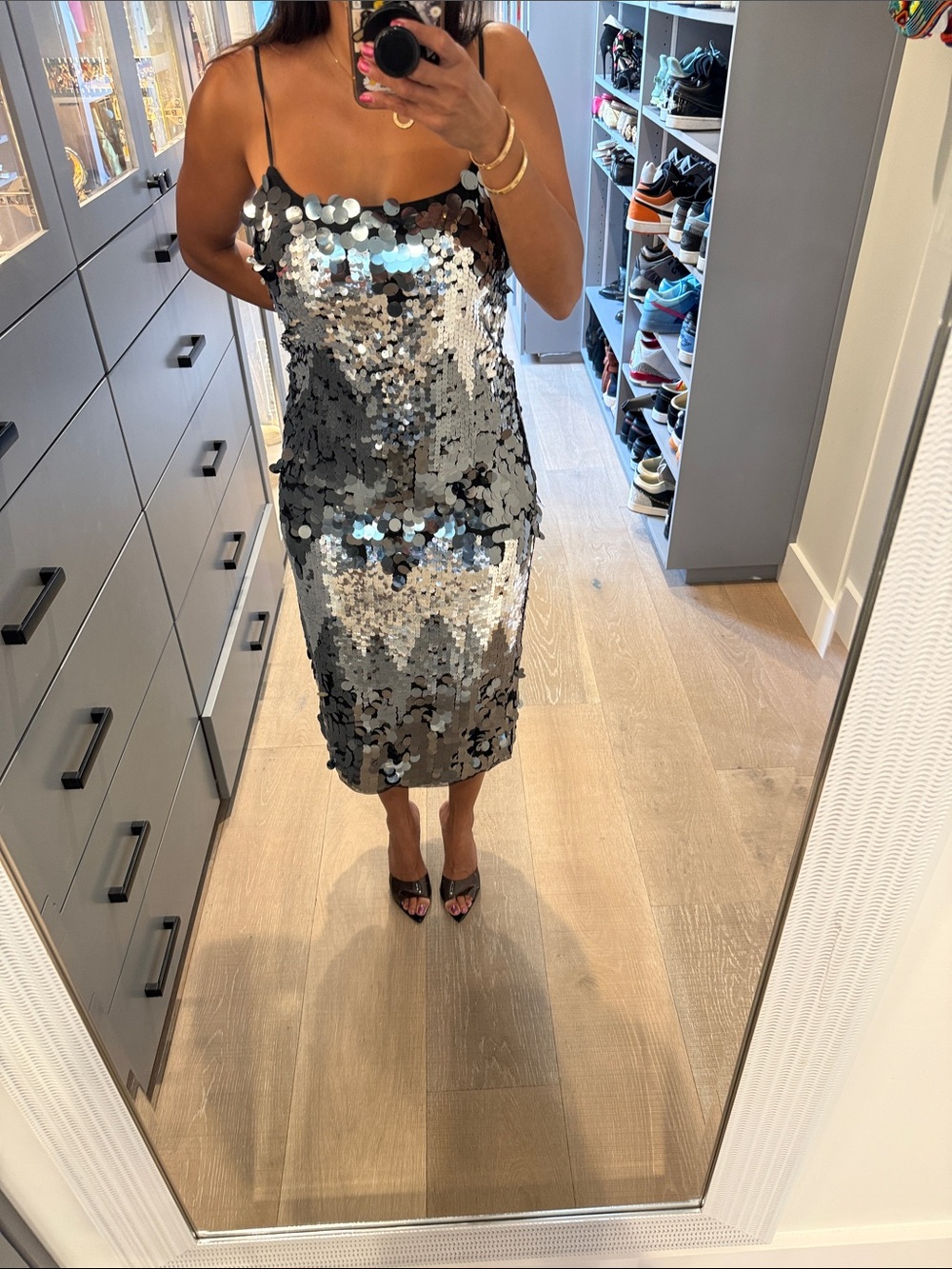 Avec Les Filles Silver Sequin Midi Slip Dress
